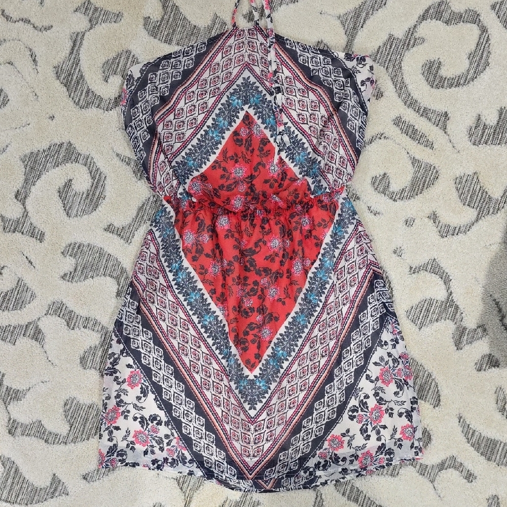 Floral Halter Dress with Red and Blue Accents